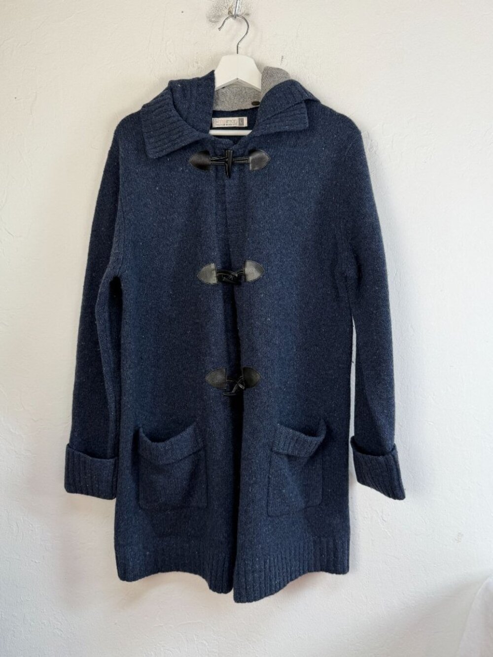 Fisherman Out of Ireland Navy Toggle Hooded Knit Cardigan Jacket Large Pockets